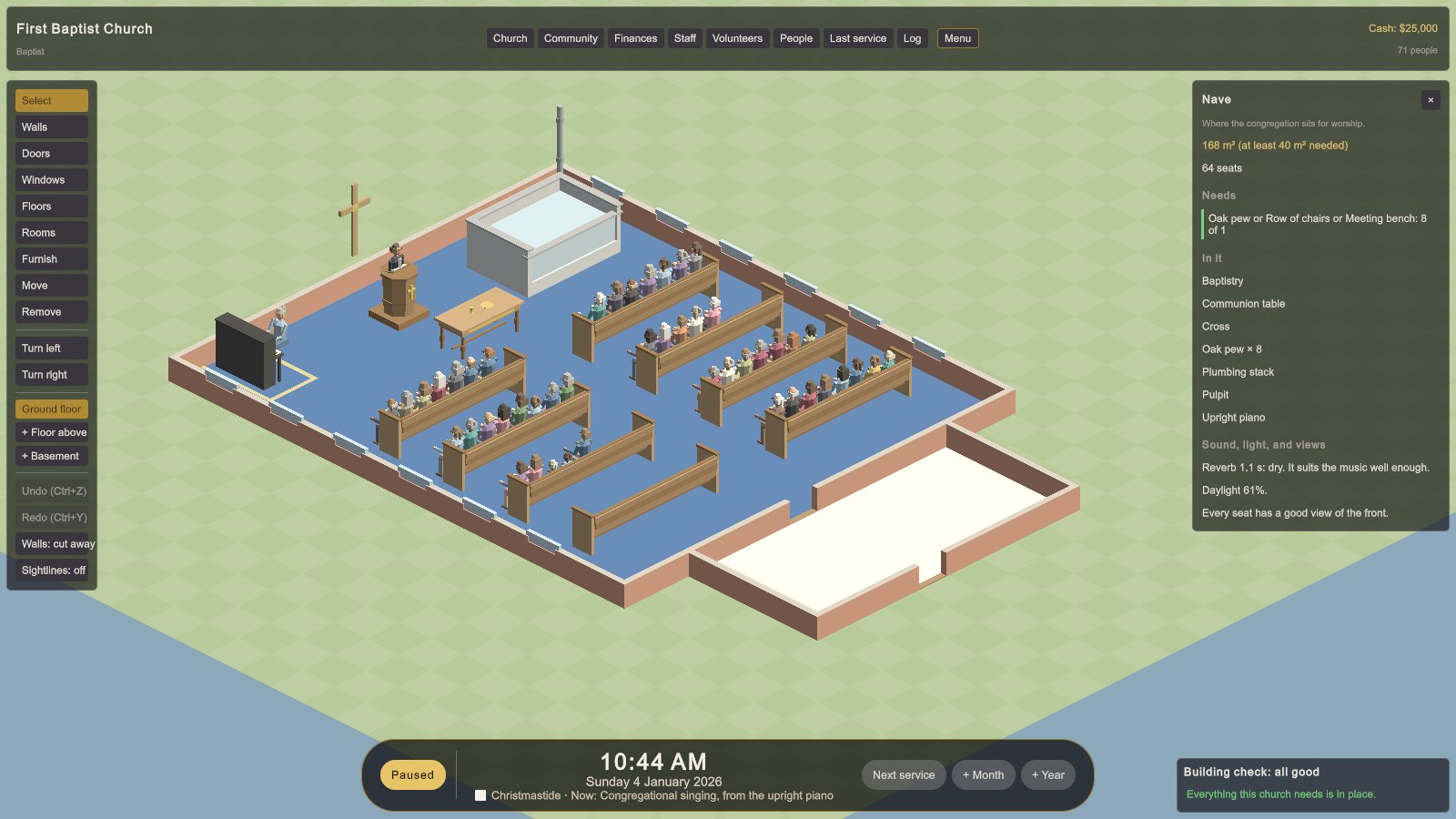 Click a room with Select for the room inspector: its area and seats, what it needs and has, and its sound, light, and views. Here the reverb is 1.1 s, "dry", which suits a Baptist piano well enough.