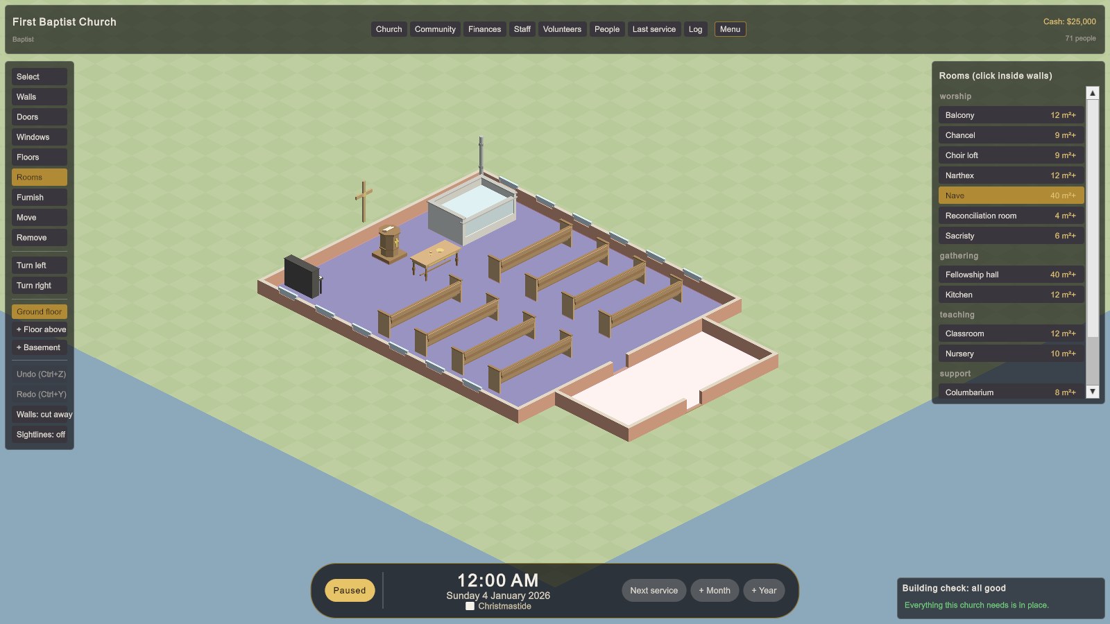 The Rooms palette lists each room type with its minimum size. The selected room type is shown highlighted over the church.