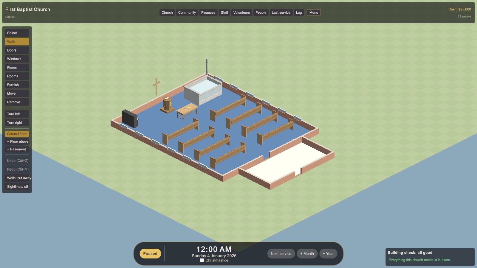 The Walls tool. Walls run along the grid lines between tiles, a metre at a time.